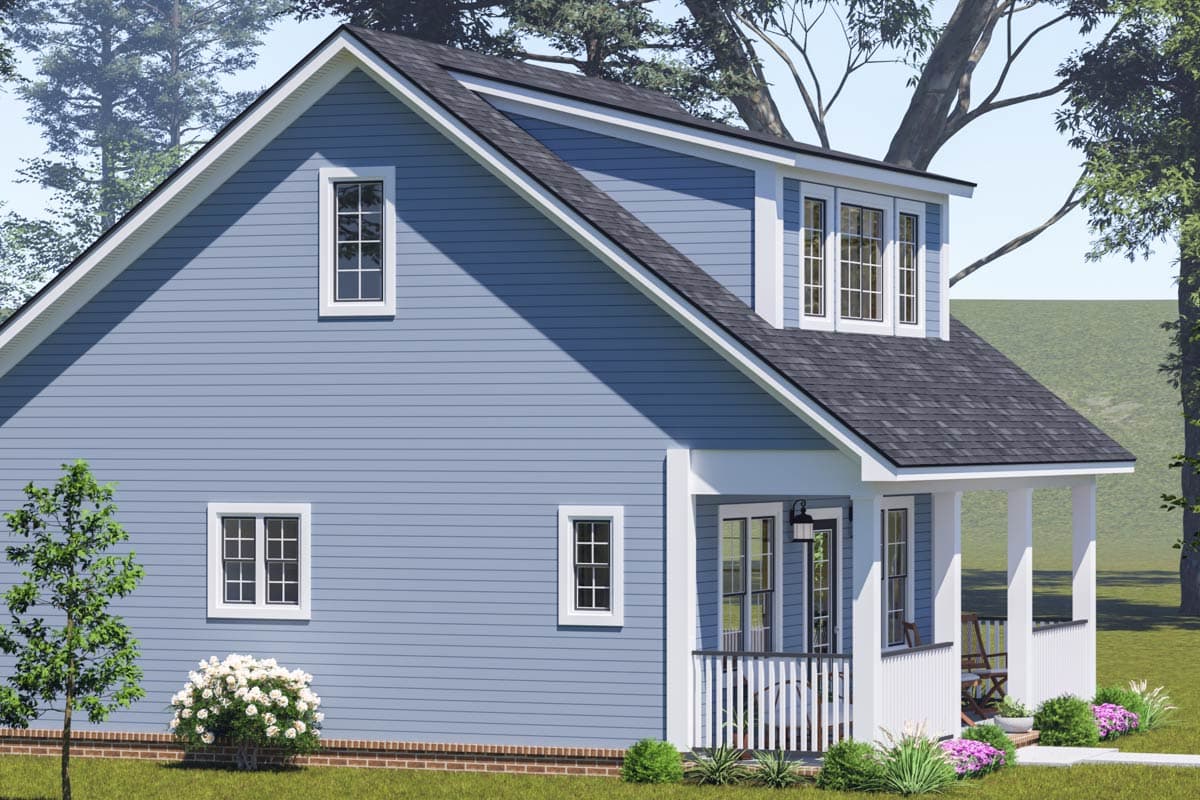 House plan exterior: Two-story blue siding home with gables, dormer, and covered front porch with white railings.