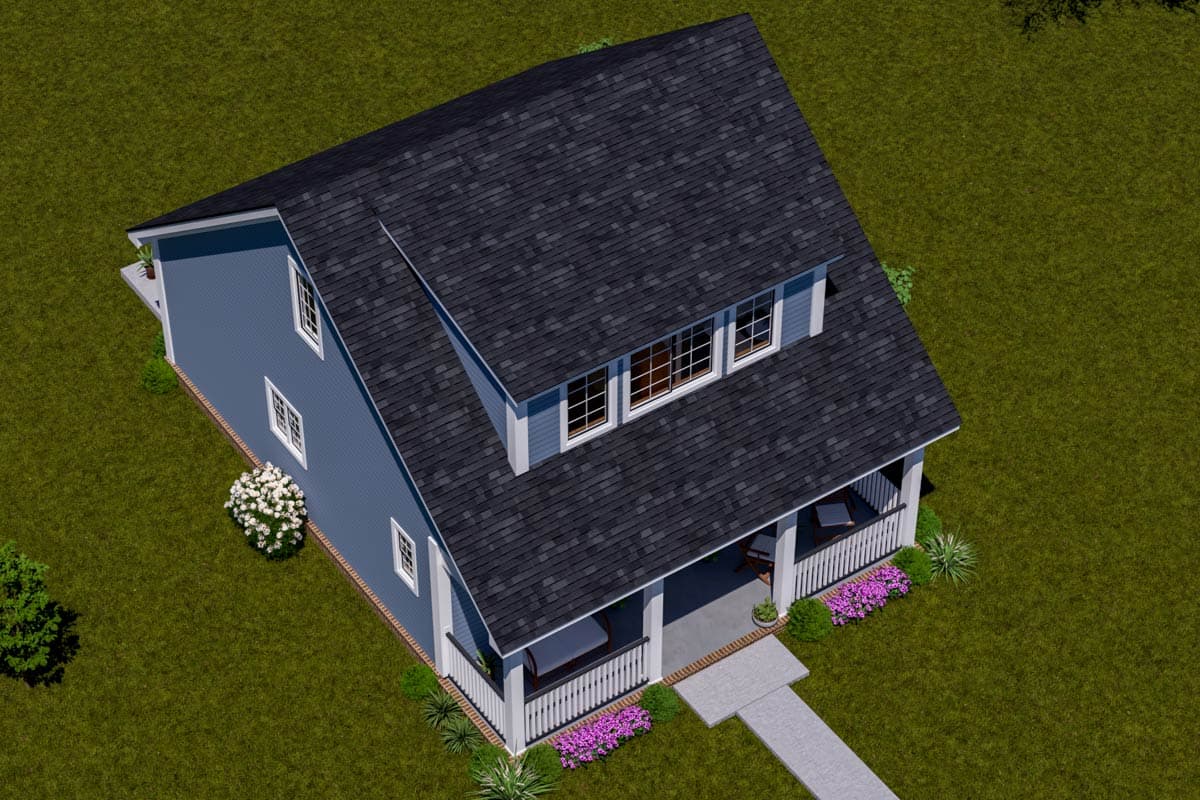 House plan exterior view of a two-story home with a covered porch, dormer windows, and blue siding.