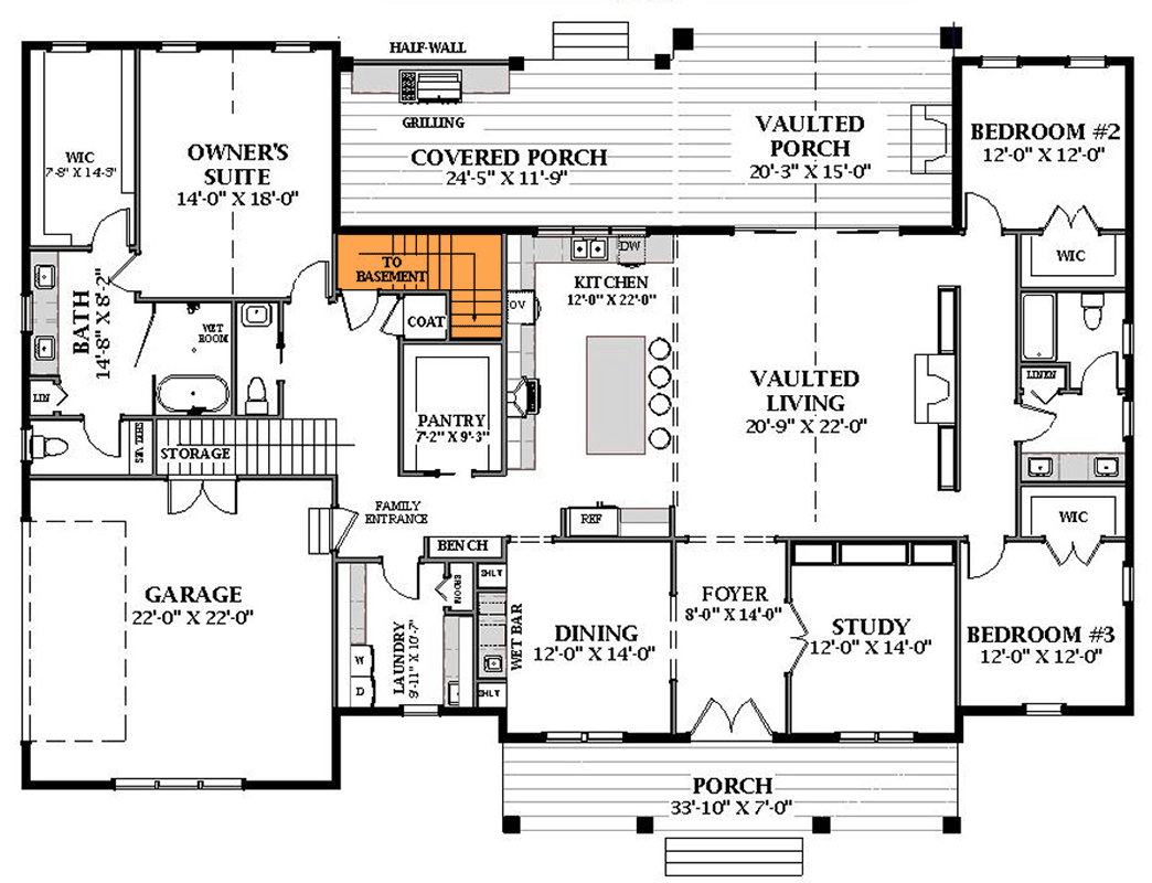 Plan 46532LA: Elegant Modern Farmhouse House Plan with Private Apartment and Outdoor Kitchen - Floor Plan - Basement Stairs Location - Farmhouse, Modern Farmhouse, New American