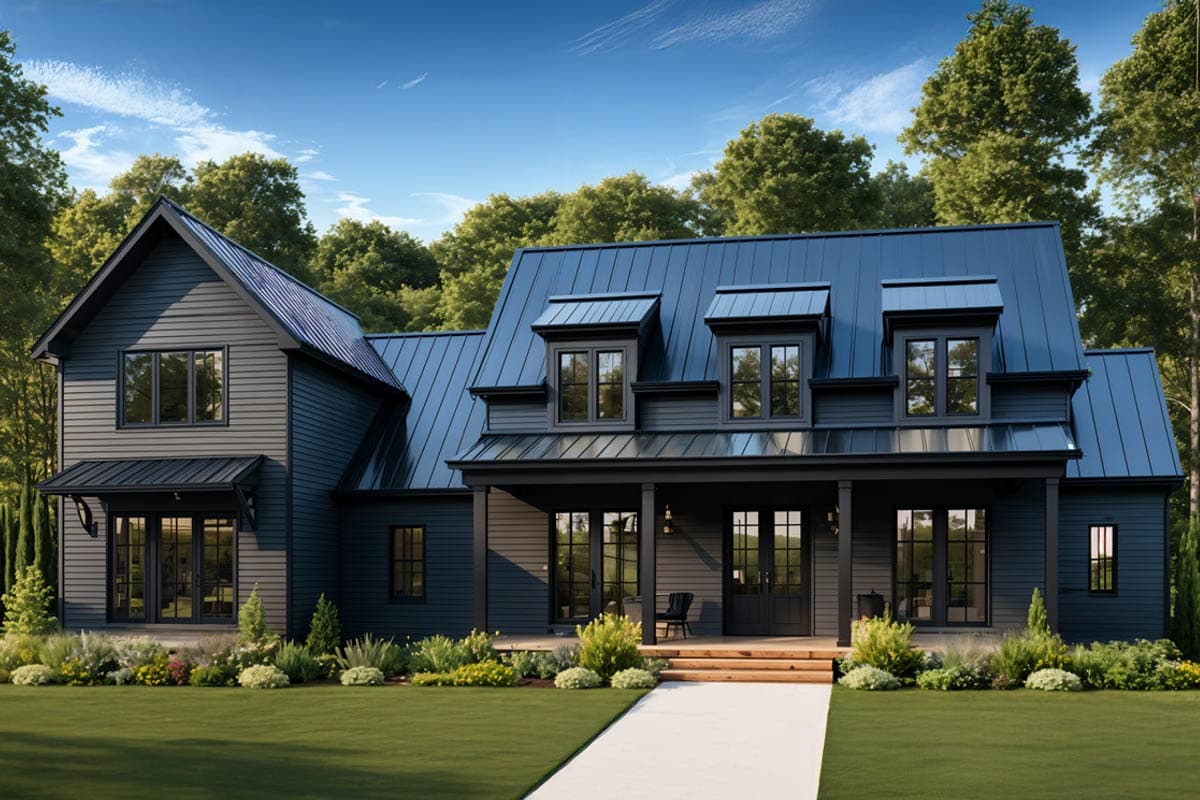 Modern Farmhouse house plan exterior with metal roof, gables, dormers, and covered front porch with wood trim.