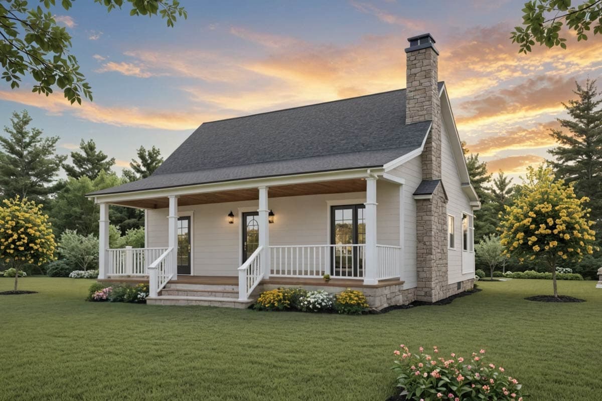 A charming cottage with a porch, chimney, and landscaped yard. The home features black doors, white railings, and is set against a sunset sky.