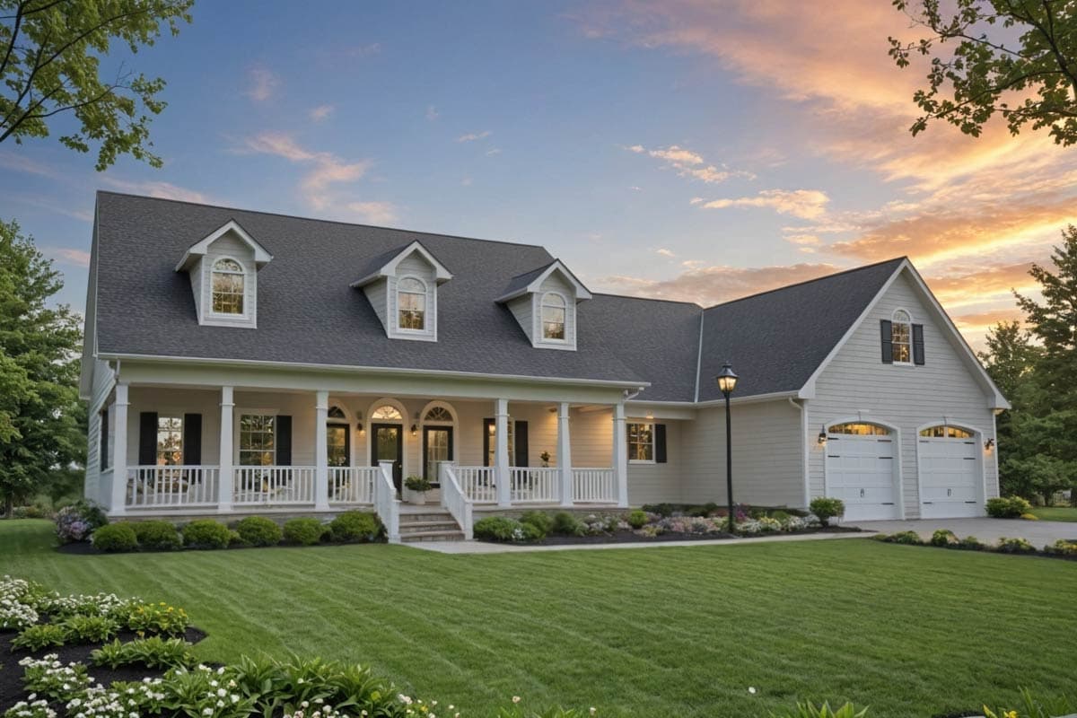 A large, two-story house with a porch and dormer windows, set against a sunset sky. Lush green lawn and flower beds adorn the front.