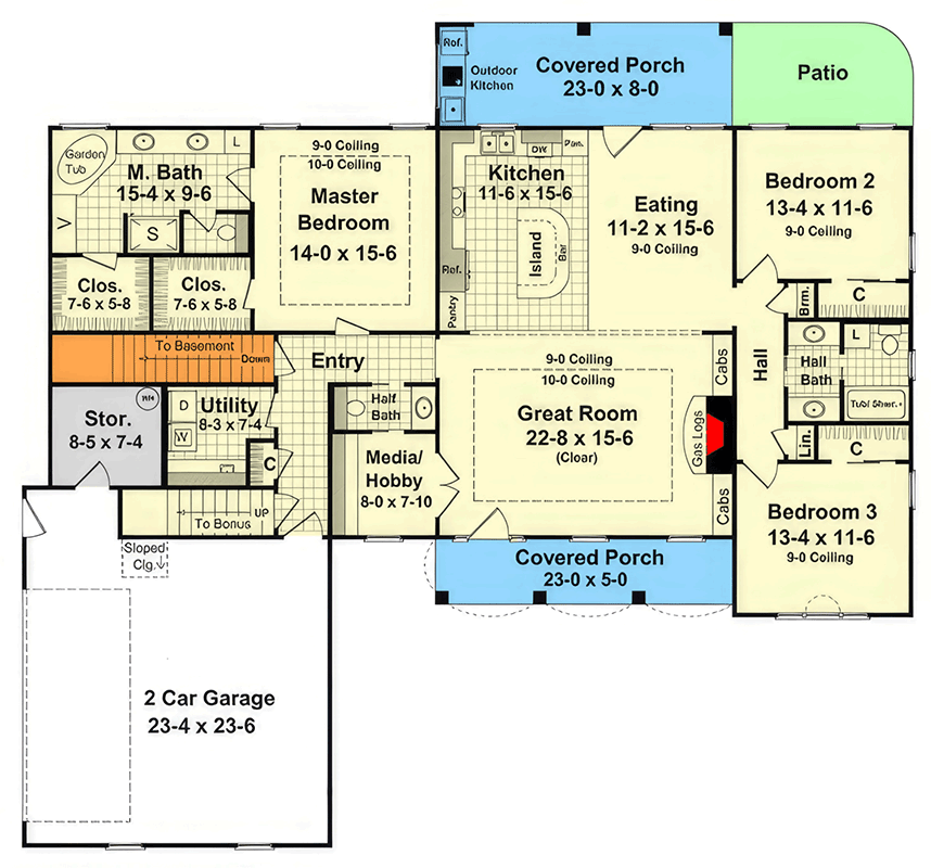 Plan 51336MM: Charming 3-Bedroom Farmhouse House Plan with Main Level Master and Bonus Room - Floor Plan - Main Level - Coastal, Farmhouse, New American