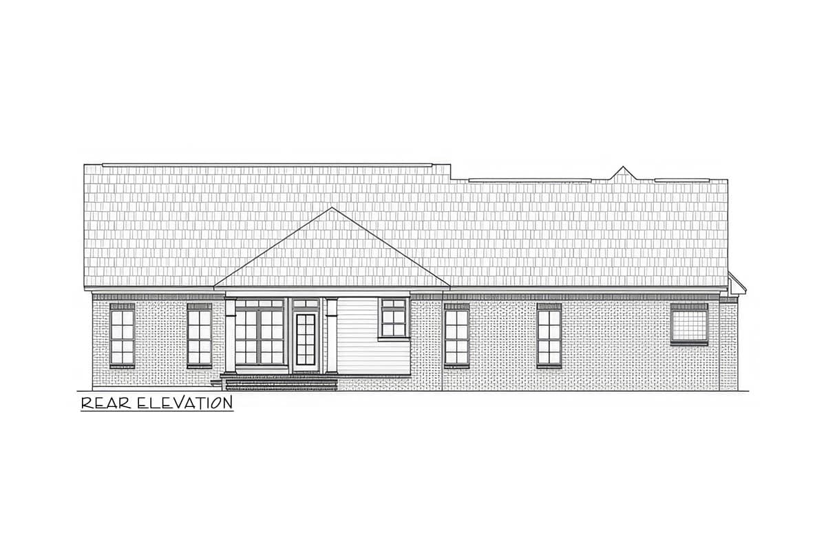 Rear elevation drawing of a house plan featuring a gable roof, brick facade, covered entry with columns, and multiple windows.