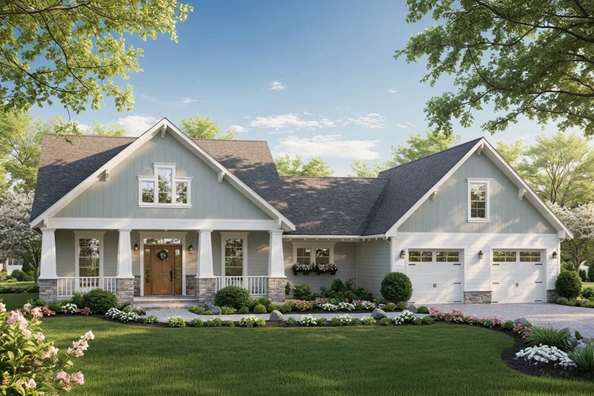 A two-story, light-colored house with a dark gray roof is set in a green, landscaped yard under a blue sky, offering a welcoming curb appeal.