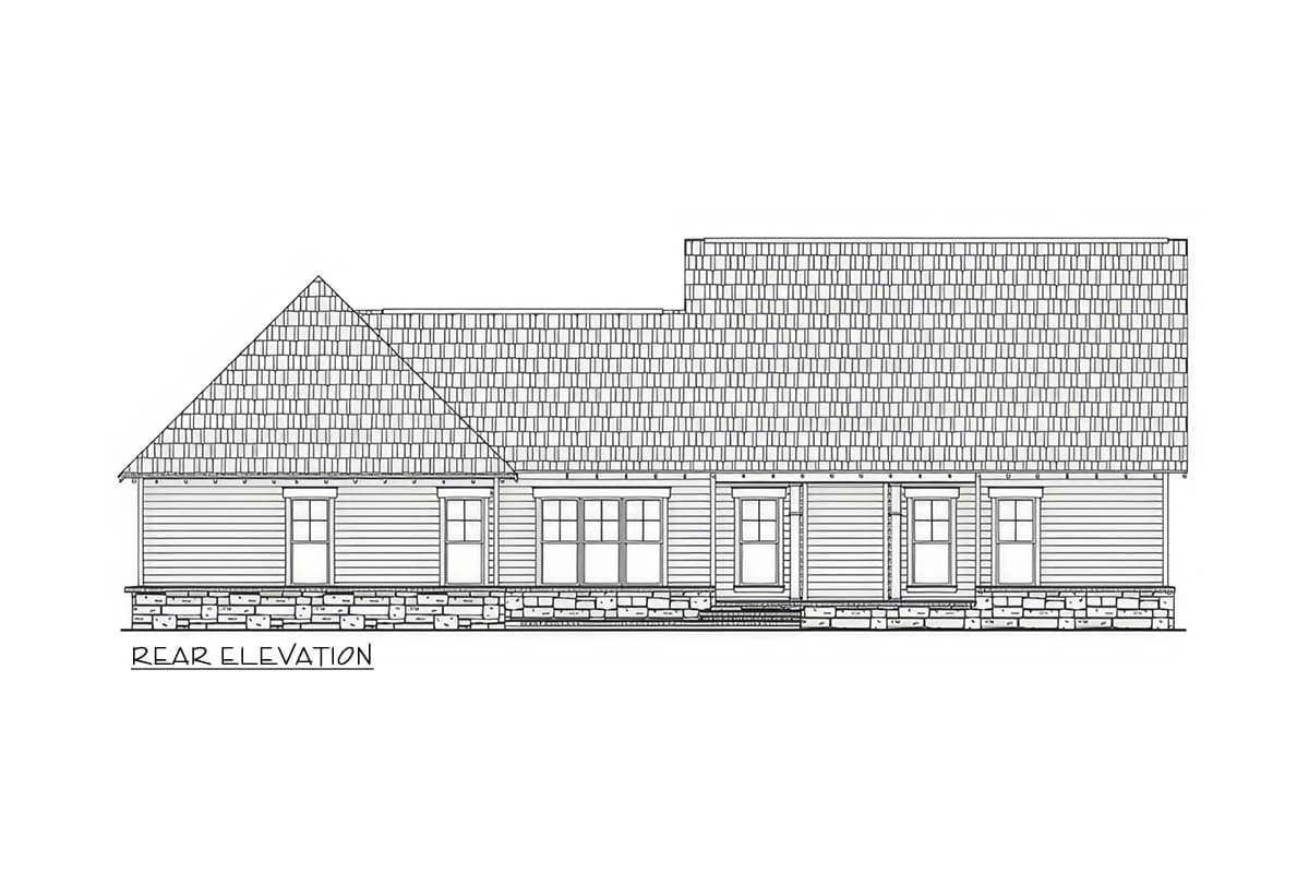 Rear elevation house plan: one-story with varied rooflines, horizontal siding, stone foundation, and multiple doors and windows.