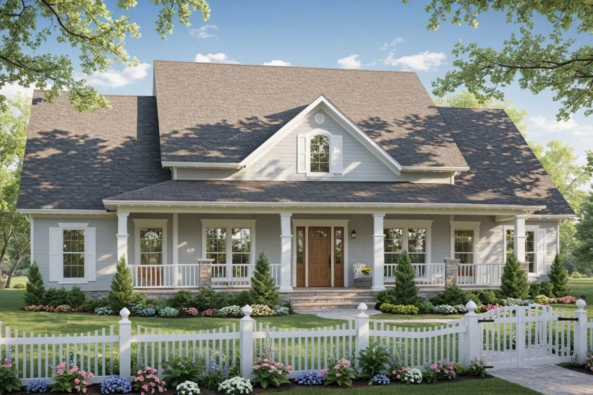 A beautiful two-story house with a large front porch and a white picket fence, surrounded by green grass, trees, and colorful flowers.