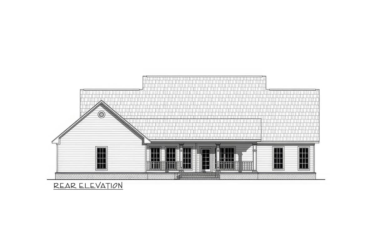 Rear elevation house plan drawing of a one-story home with a covered porch and gabled front.