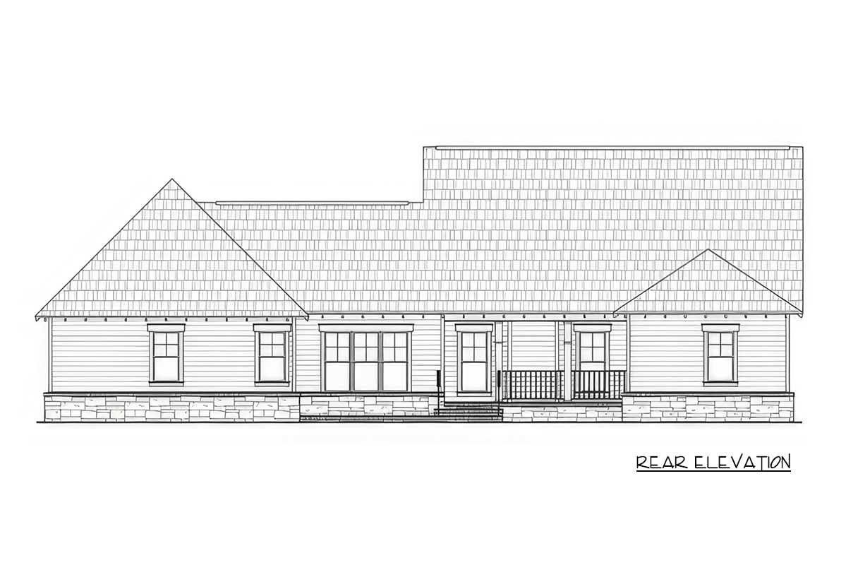 Rear elevation house plan showing a single-story home with a partial stone foundation, gabled rooflines, and a covered porch.