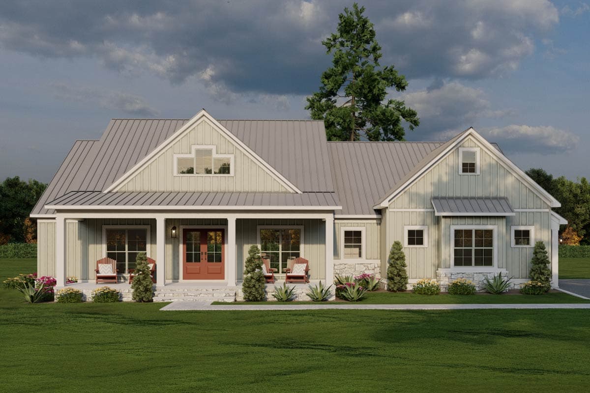 House plan exterior. Single-story Modern Farmhouse with a gabled roof, front porch, and dormer window. Features include vertical siding.