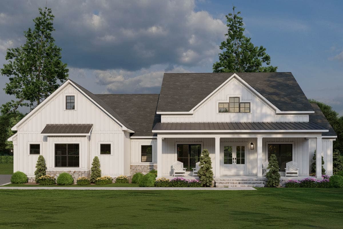 House plan exterior. Two-story Modern Farmhouse with a gabled roofline, front porch with columns, and board-and-batten siding.