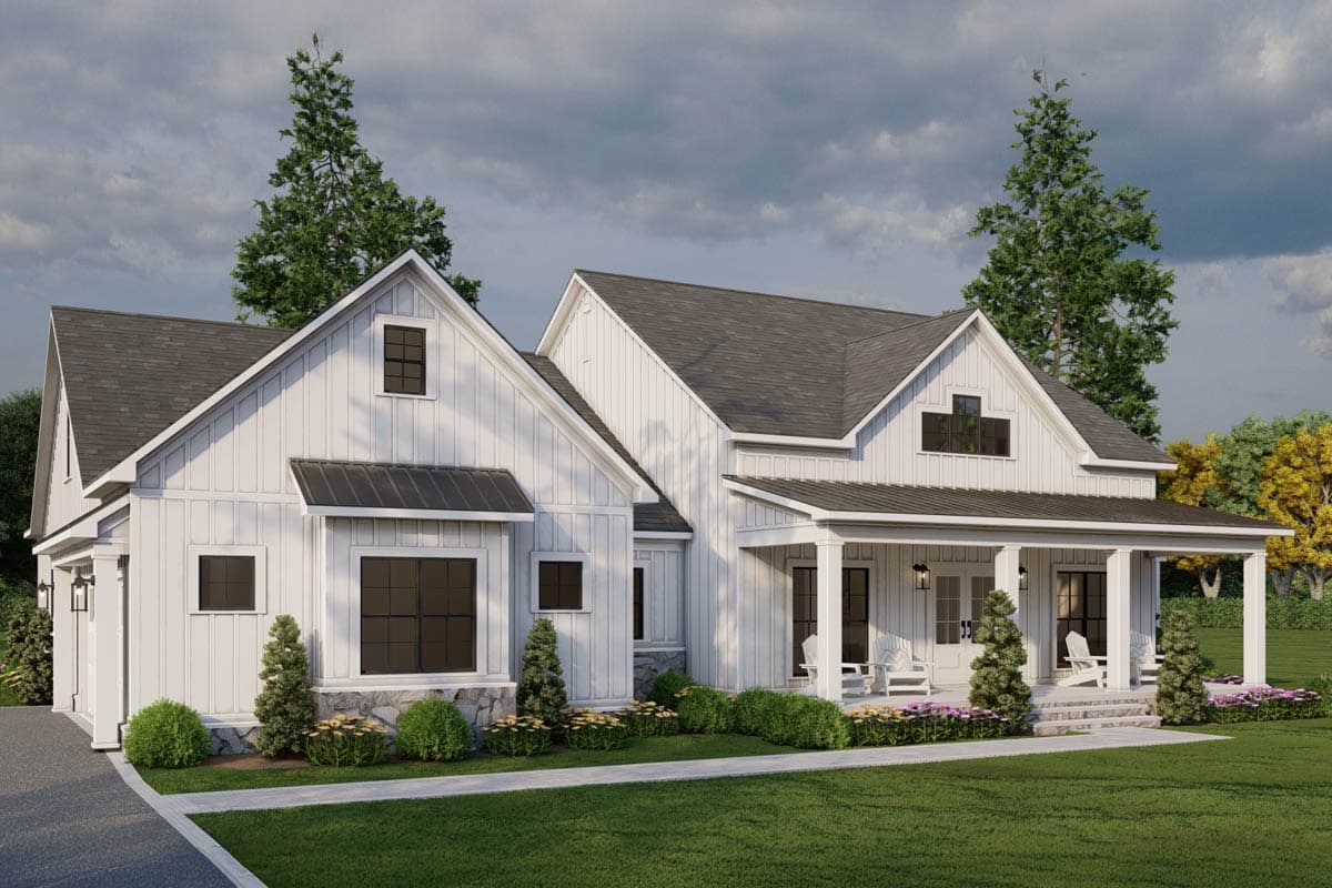 Modern farmhouse house plan exterior with board and batten siding, prominent gables, and a covered porch.