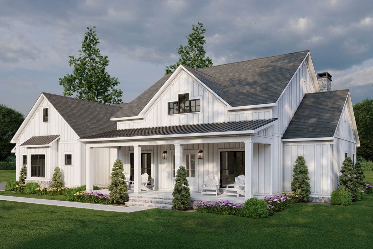 Modern Farmhouse house plan exterior featuring a covered front porch with columns, board and batten siding, and multiple gables.
