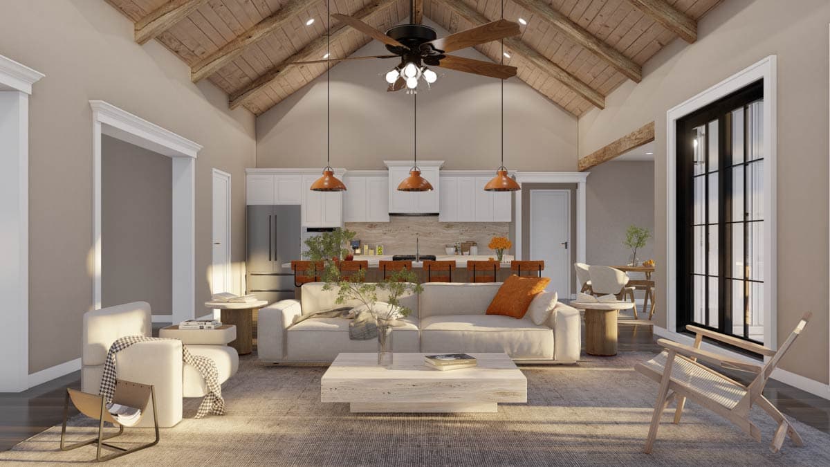 Interior rendering: open living area with vaulted beamed ceiling, kitchen island with seating, and modern furniture.
