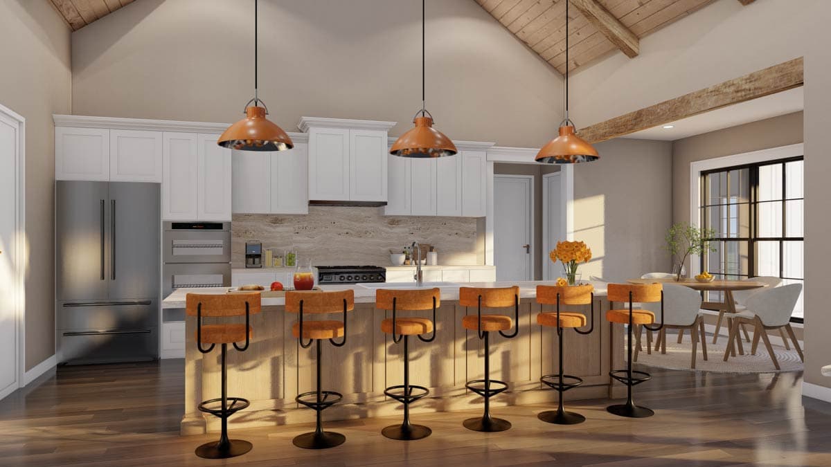 Kitchen with vaulted wood-beam ceiling, large island with orange stools, white cabinetry, stainless steel appliances, and dining area.