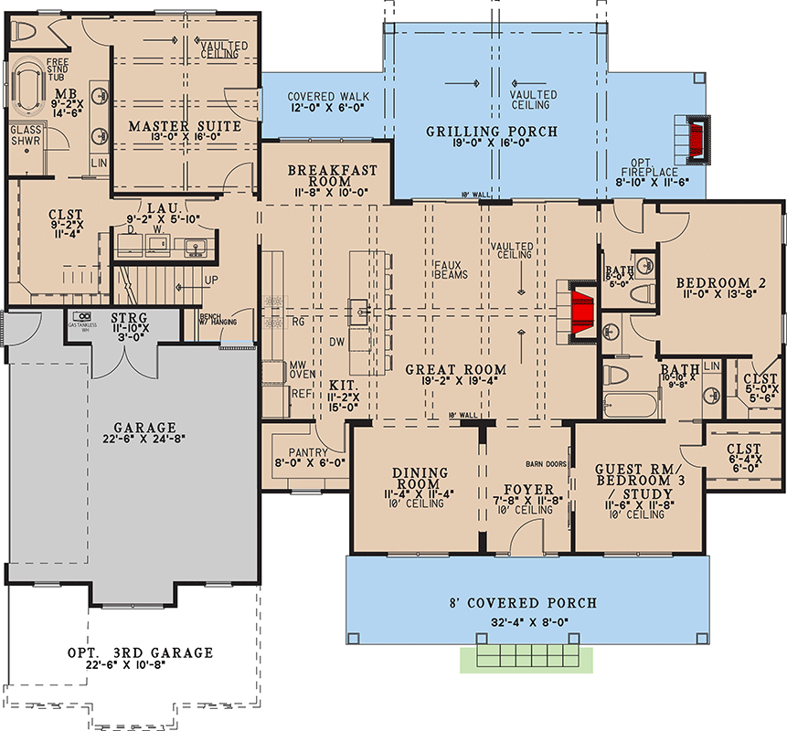Plan 70931MK: Modern Farmhouse House Plan: Split Beds, Bonus Room, Outdoor Fireplace - Floor Plan - Main Level - Farmhouse, Modern Farmhouse
