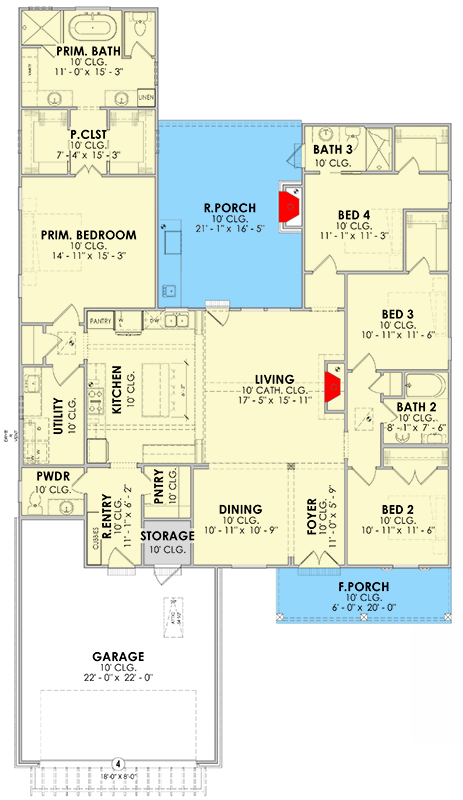 Plan 185018PHD: Southern Farmhouse House Plan with Split Bedrooms and Outdoor Kitchen - Floor Plan - Main Level - Cottage, Farmhouse, New American, Southern