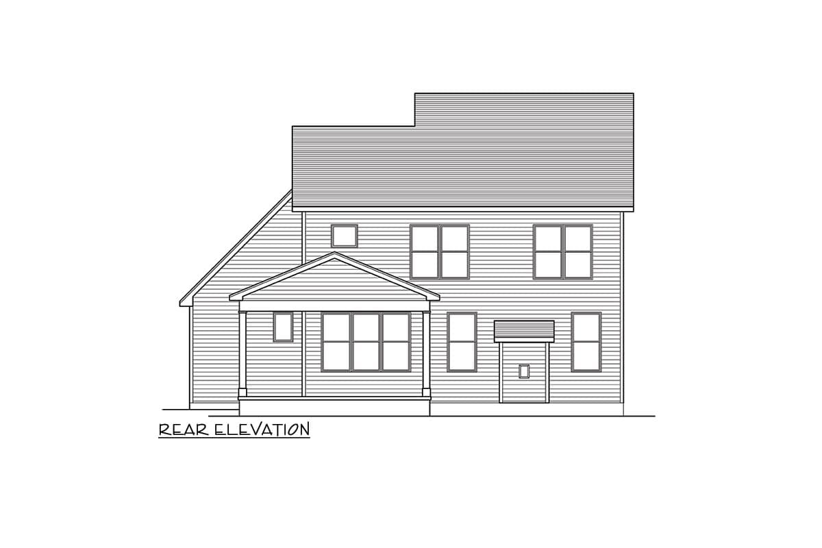 Rear elevation house plan showing a two-story home with a covered porch, multiple gables, and a hip roof.