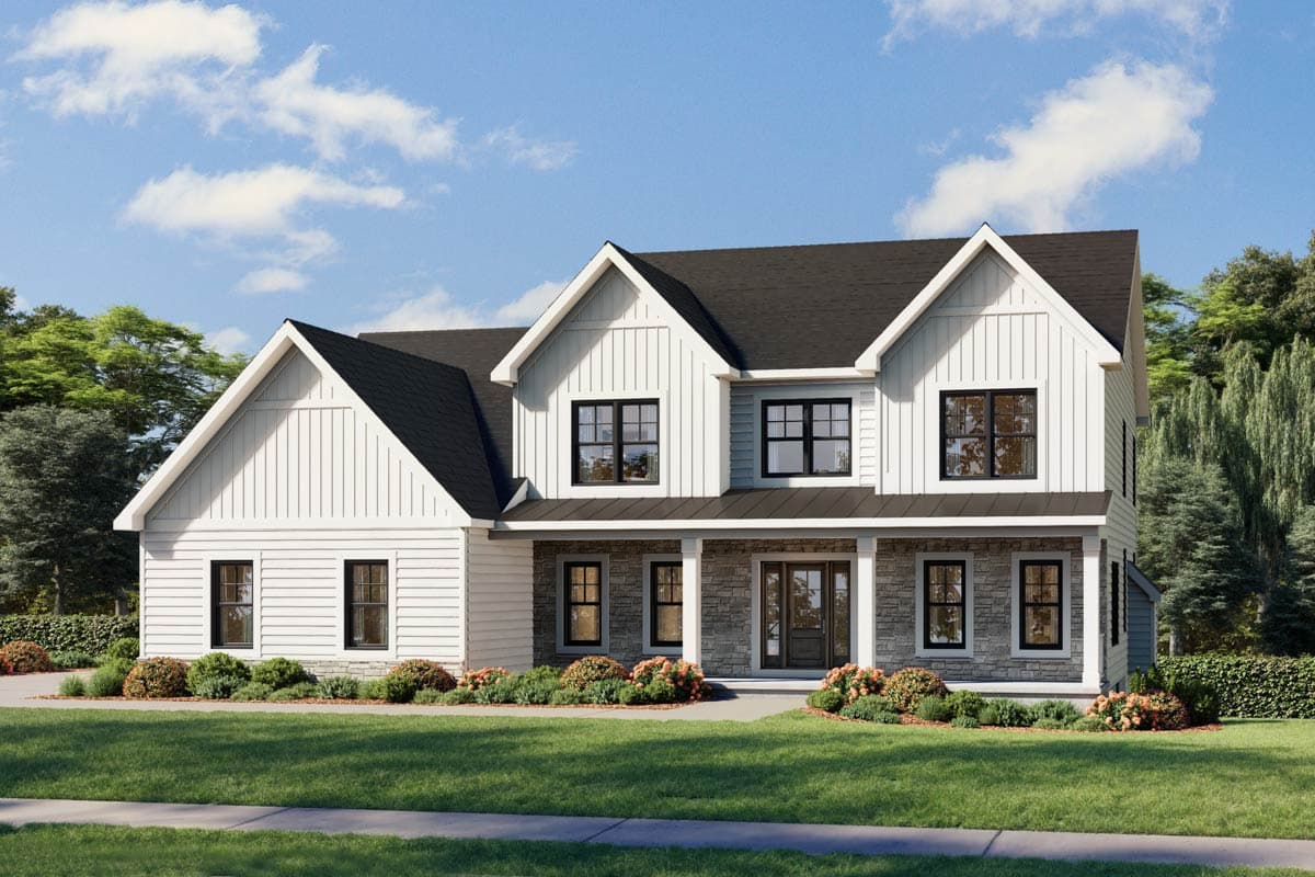 House plan exterior in Modern Farmhouse style with two stories, gables, a covered porch, and a dark roof. White siding with black window frames.