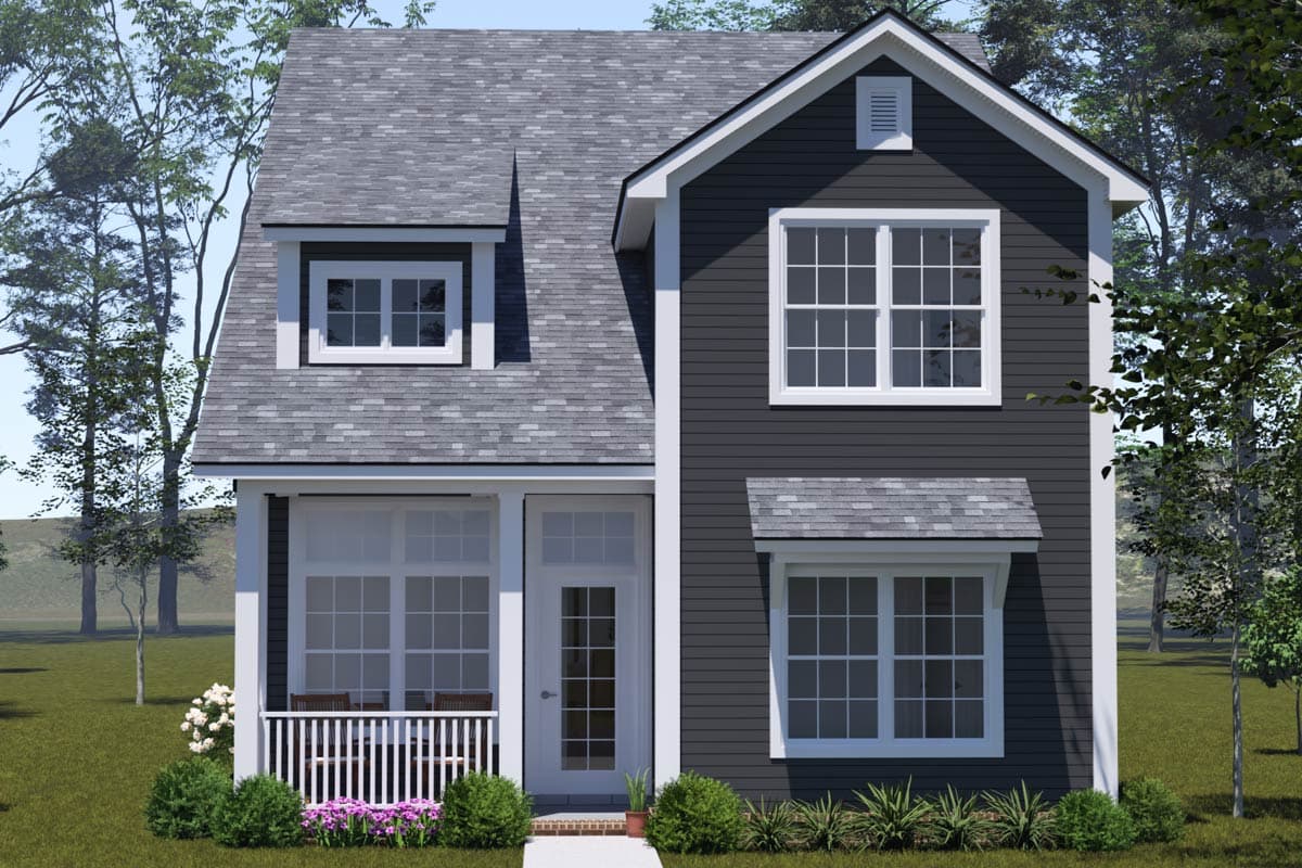 House plan exterior: Two-story modern farmhouse with front porch, gable dormer, and dark siding.