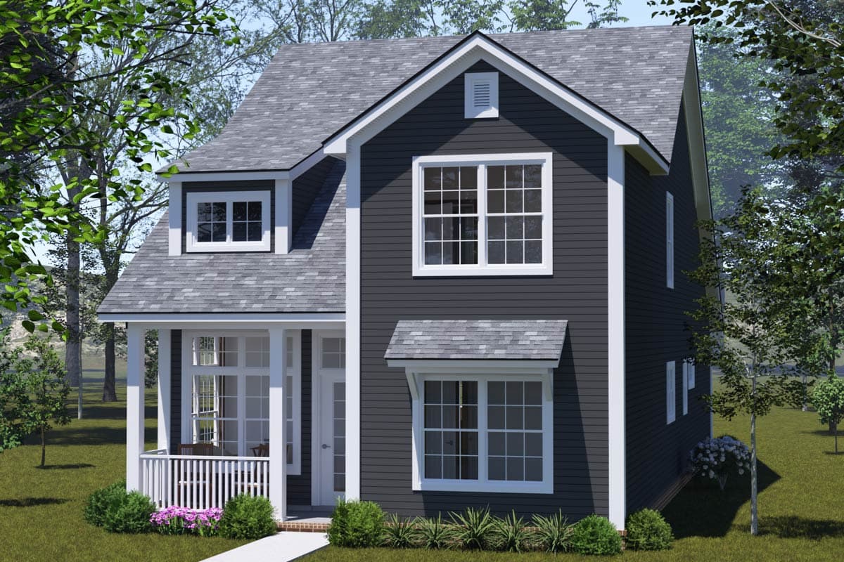House plan exterior, two-story Modern Farmhouse style with a front porch, gables, and dormer.