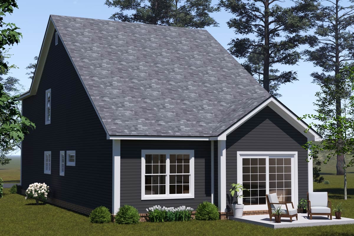 House plan exterior view of a two-story dark gray home with a steeply pitched roof, gabled front, and white-trimmed windows.