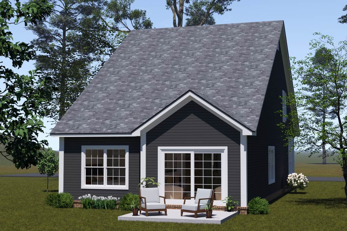 House plan exterior rendering of a two-story modern farmhouse with a steeply pitched gable roof, dark siding, and large sliding glass doors.