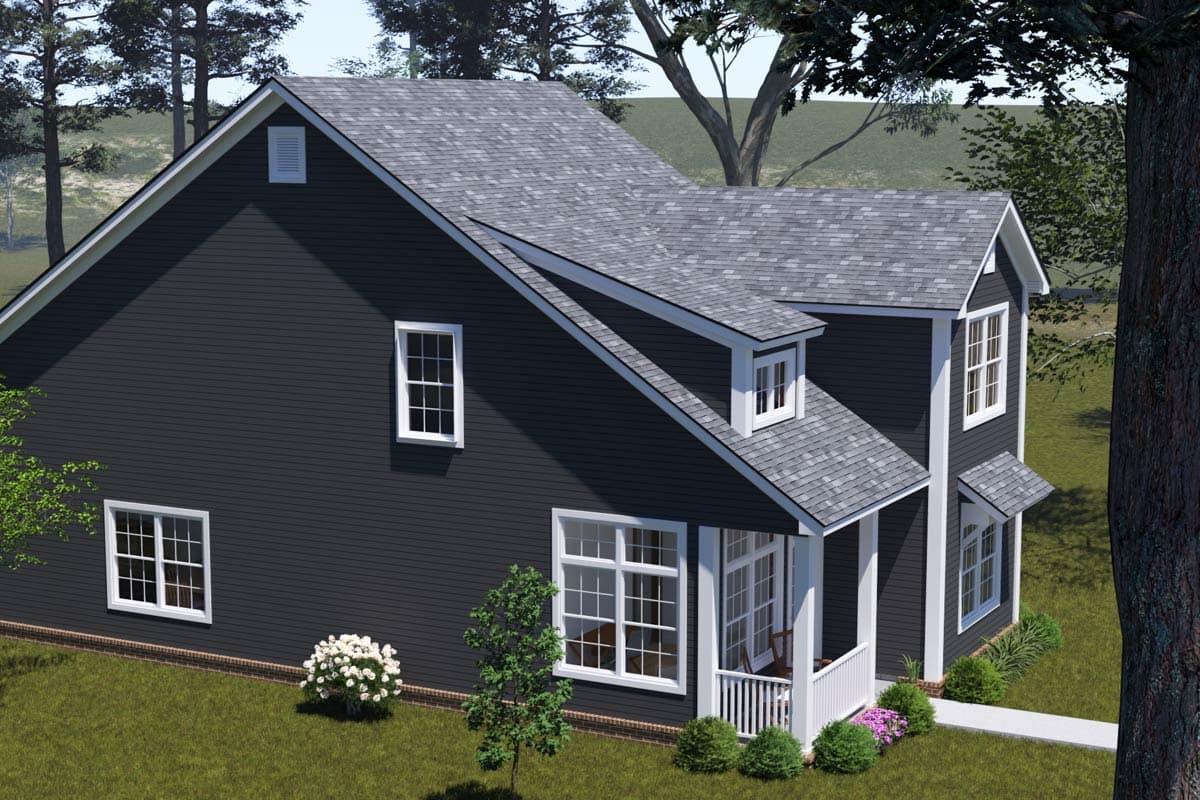 House plan exterior: Two-story dwelling with a pitched roof, gables, dormer windows, and a covered front porch with white railings.