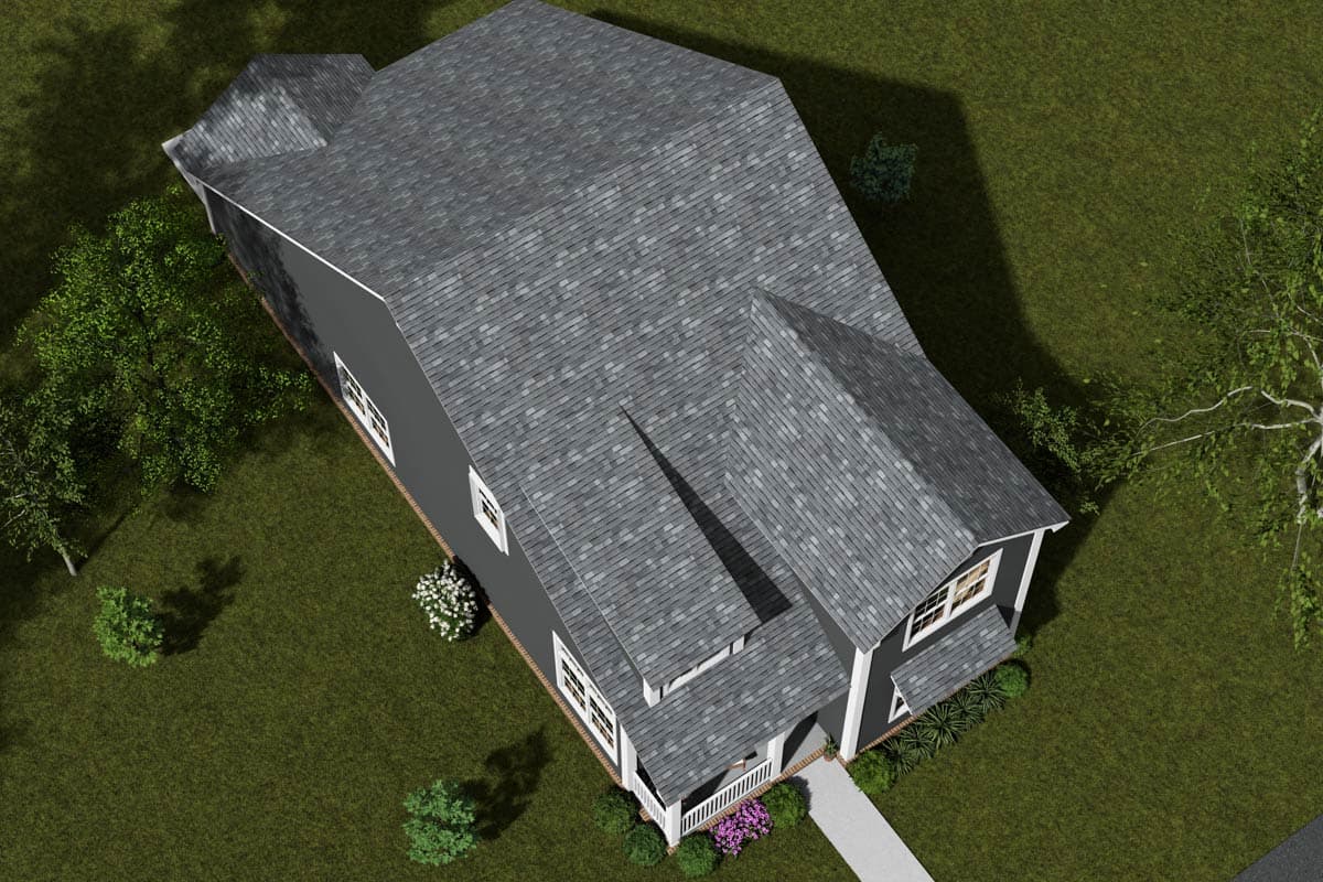 House plan exterior: two-story home with gray roof, prominent gables, and front porch with white railings.
