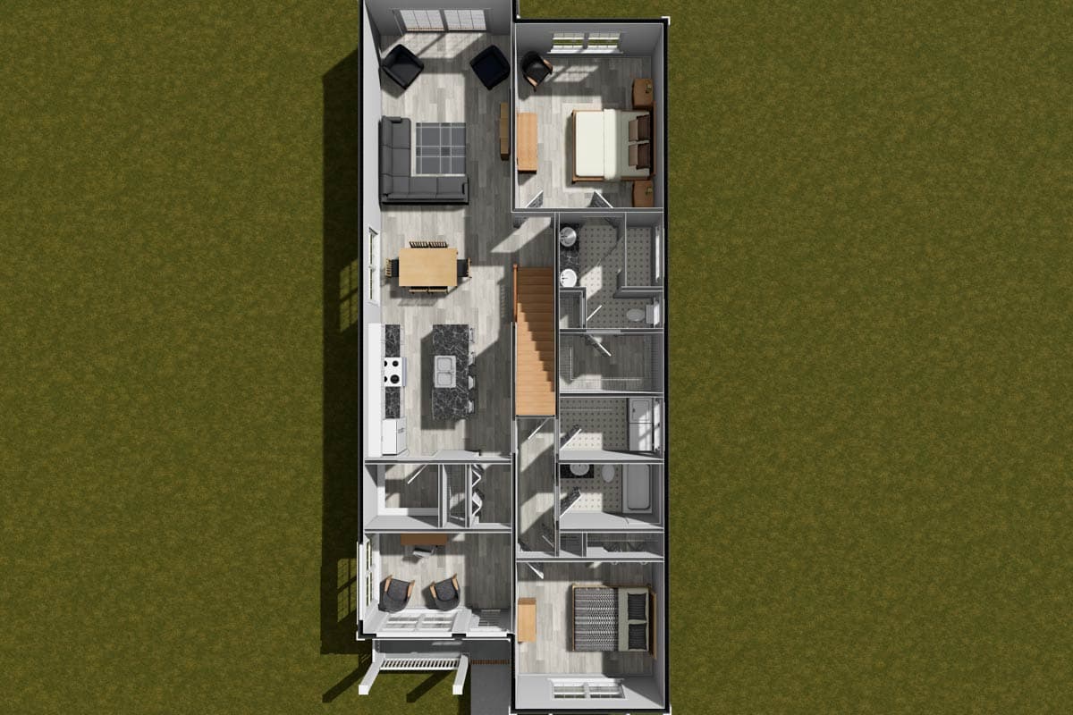 Floor plan showing living room, kitchen with island, dining area, stairs, and bedrooms.