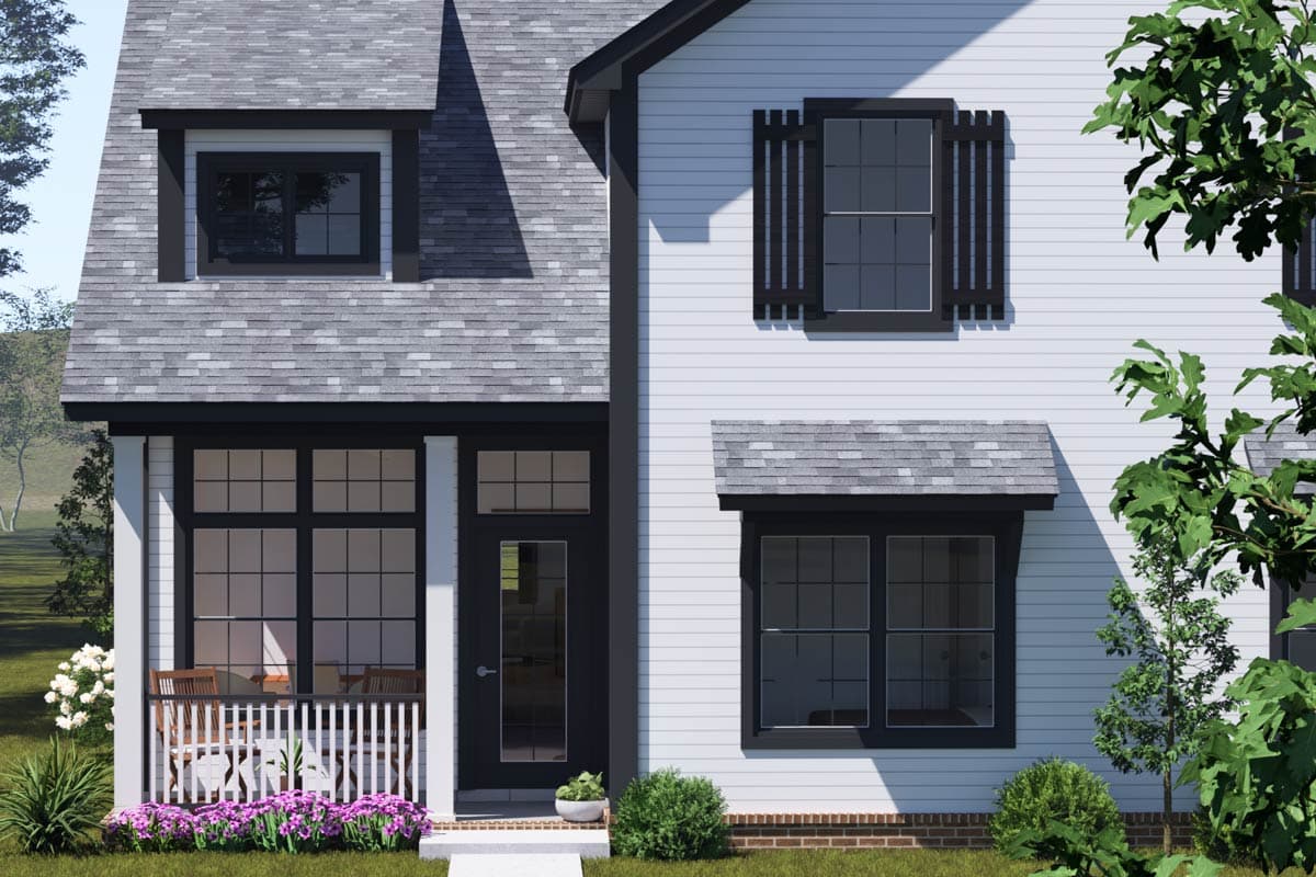 House plan exterior: Modern Farmhouse style, two stories, gable dormer, covered porch with white railing, dark-trimmed windows.