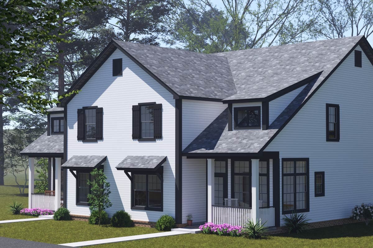 House plan exterior: Two-story modern farmhouse with gables, dormers, and a covered front porch with white railings.