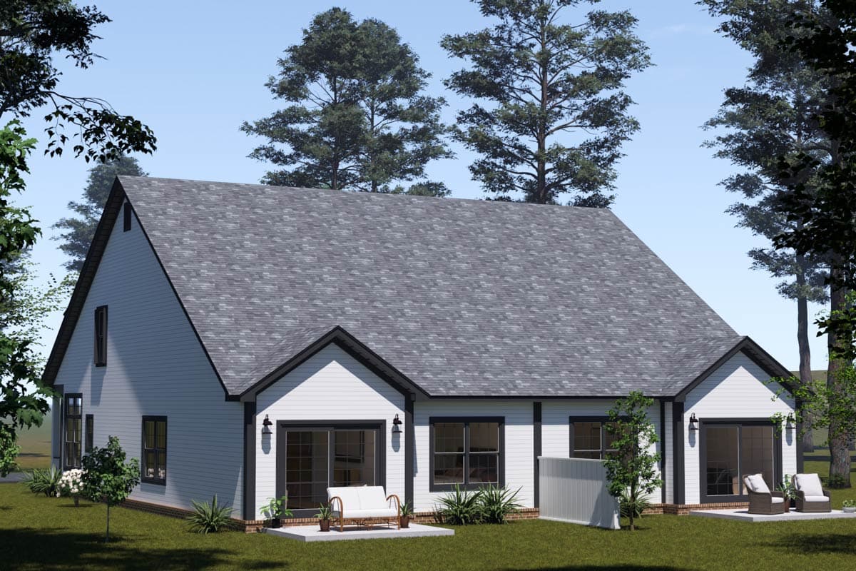 House plan exterior rendering of a two-story Modern Farmhouse with a large gable, multiple dormers, and sliding glass doors.