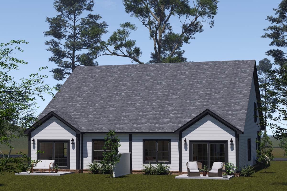 Modern Farmhouse style house plan exterior, two stories, gable roofs, white siding, dark trim, and multiple sliding glass doors.