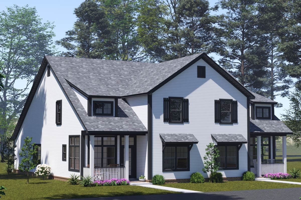 House plan exterior: two-story dwelling with gables, dormers, covered porch, and contrasting trim.