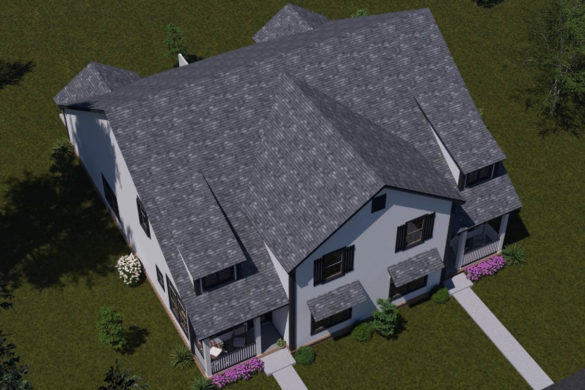 House plan exterior: Two-story dwelling with multiple gables, dormers, and front porches.