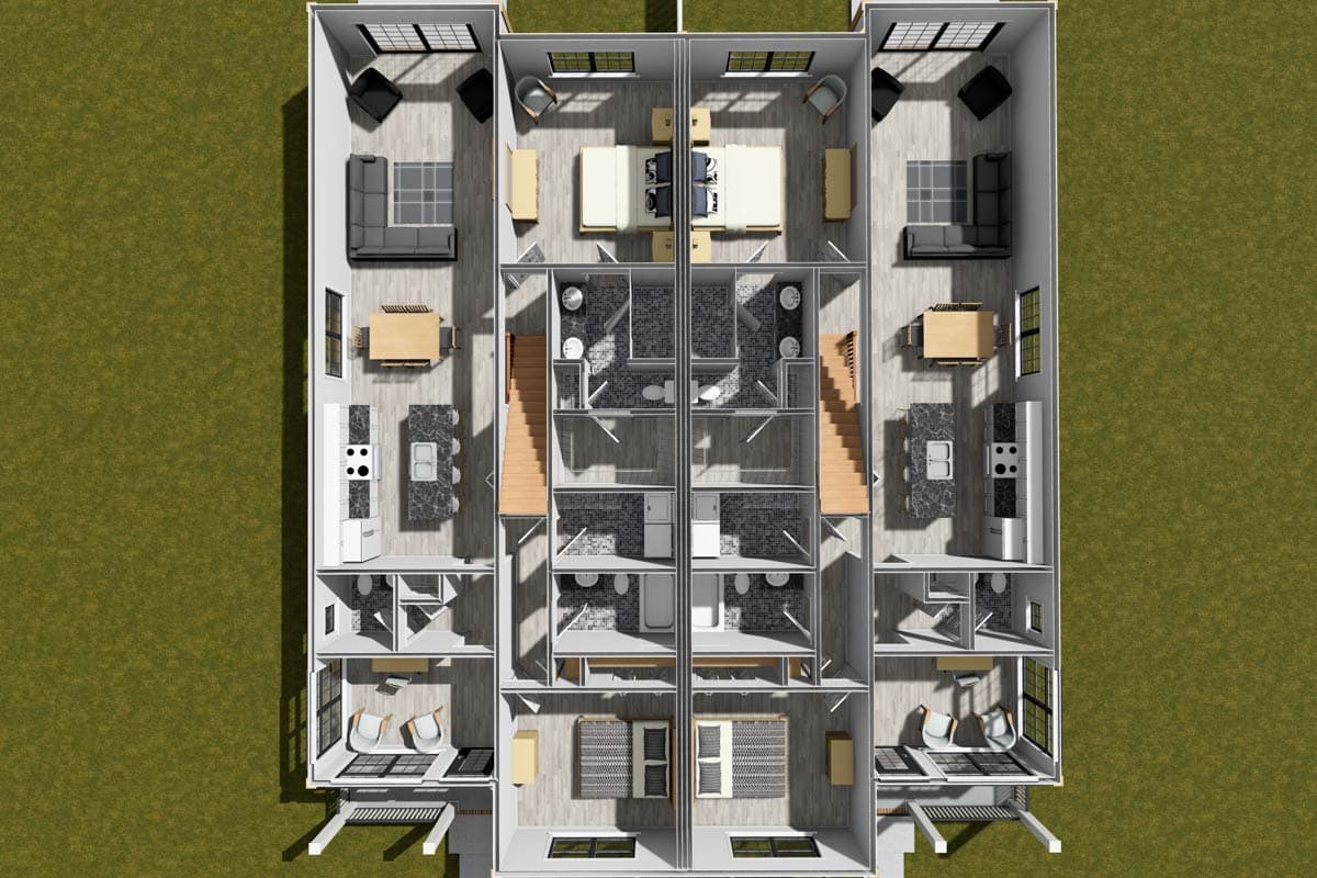 Top-down view of a two-story townhouse plan. Each unit features a kitchen, dining, living area, two bedrooms, and two bathrooms.