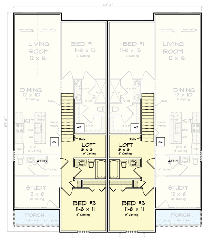 Plan 52494WM: Charming Country Traditional Duplex House Plan with Main-Level Master Suites - Floor Plan - 2nd Floor - Country, Traditional