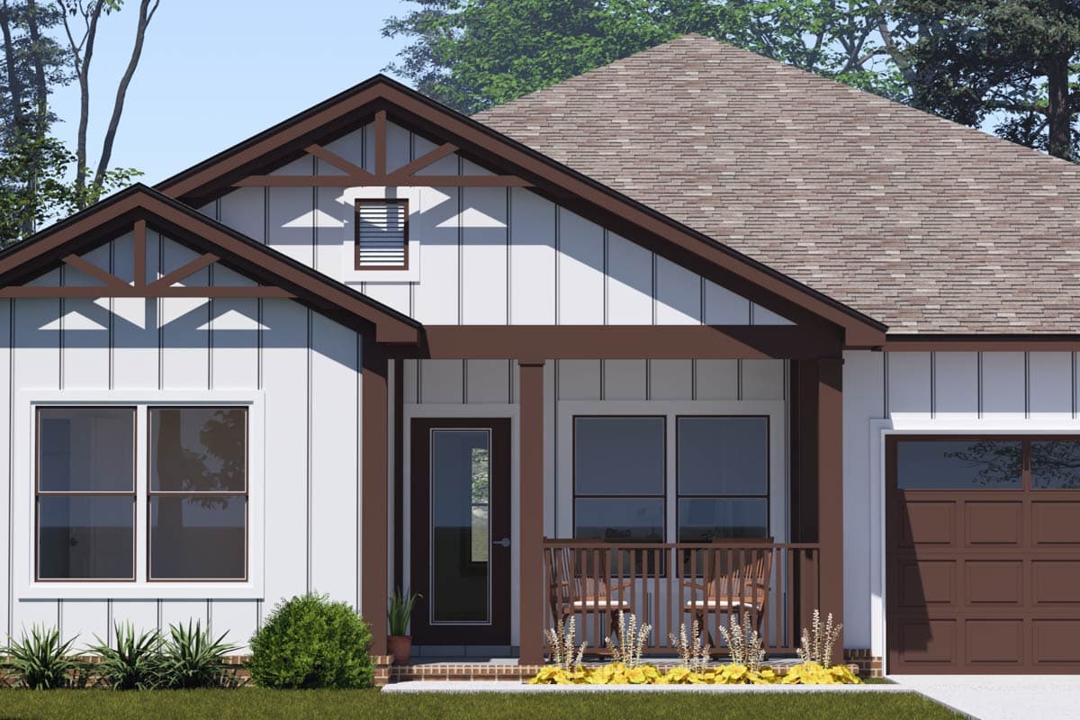 House plan exterior: Modern Farmhouse style, one story, featuring board-and-batten siding, decorative gable trusses, and a covered front porch.