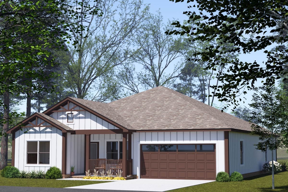 House plan exterior: Modern Farmhouse style, one story, with a covered front porch, prominent gables, and a side-entry garage.
