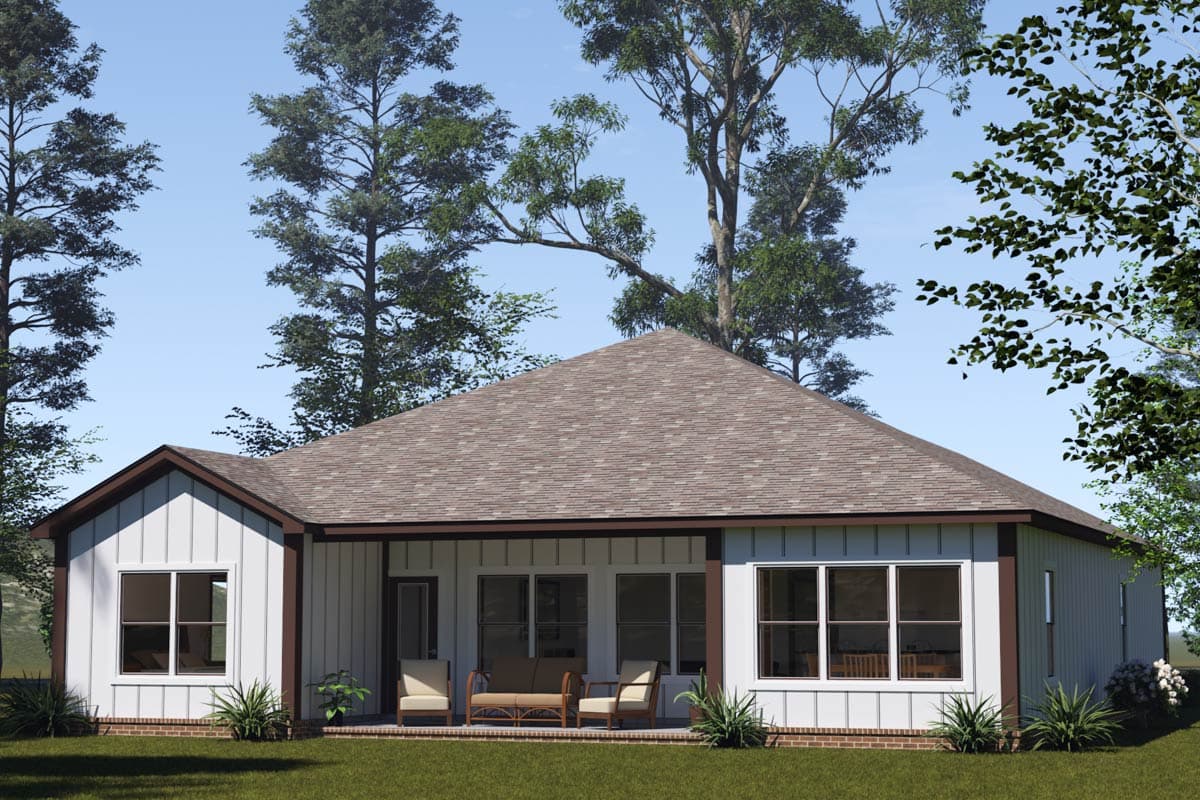 House plan exterior of a one-story Modern Farmhouse with vertical siding, a covered patio, multiple windows, and a prominent gable roof.
