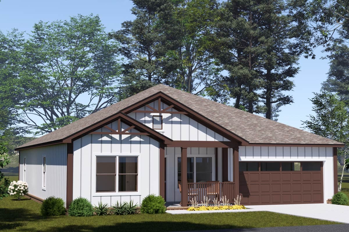 Modern Farmhouse house plan exterior, one story, white board and batten siding, covered front porch, and attached two-car garage.