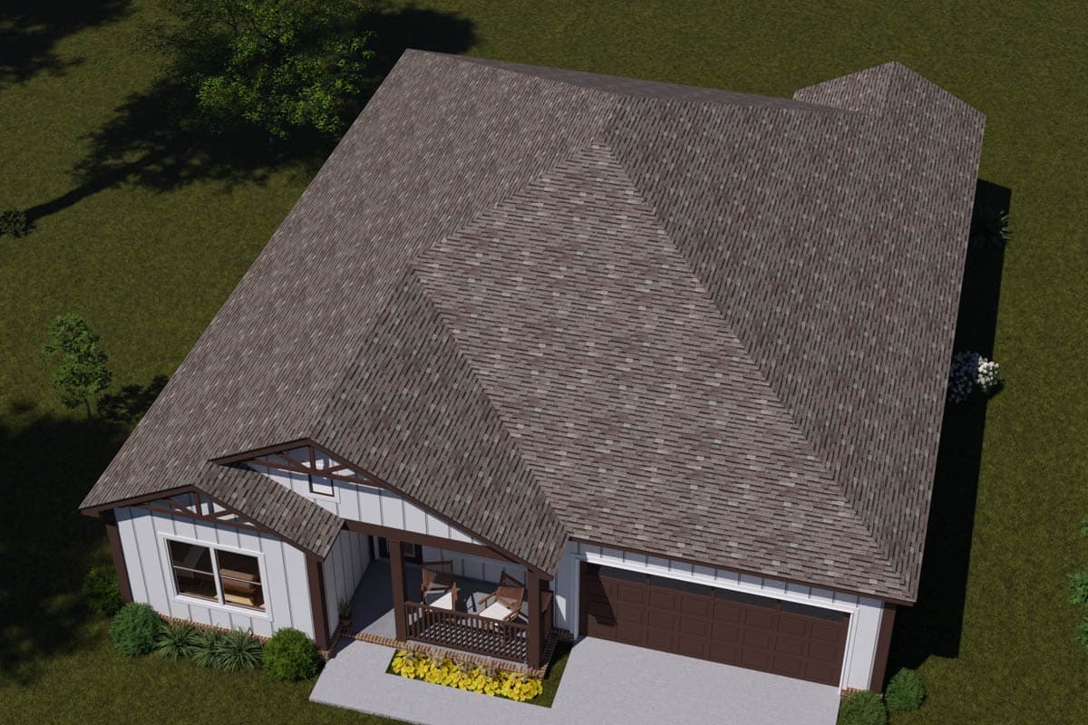 House plan exterior: one-story Modern Farmhouse with covered porch, gabled roof, and attached garage.