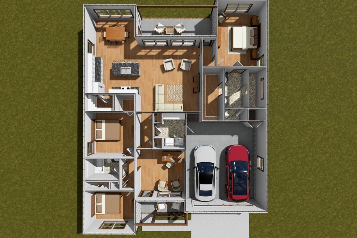 Top-down view of a floor plan showing a great room, kitchen with island, three bedrooms, and a two-car garage.