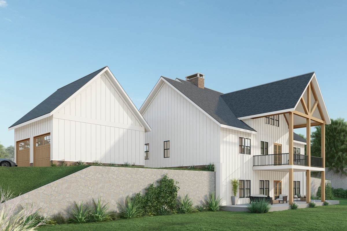 Modern Farmhouse house plan exterior with two stories, white vertical siding, gabled roof, and covered balcony with exposed wood beams.