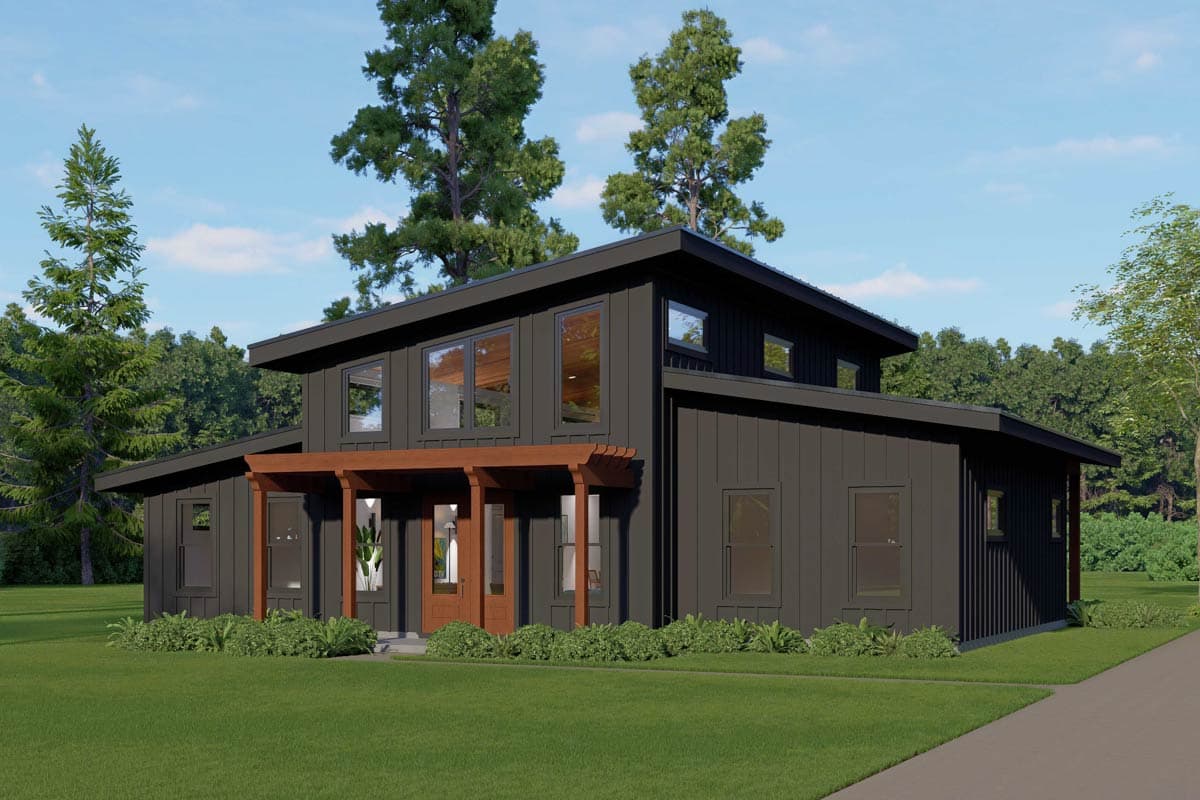 House plan exterior. Two-story modern house with a flat roof, pergola-covered entry, and vertical siding. Large windows are featured.