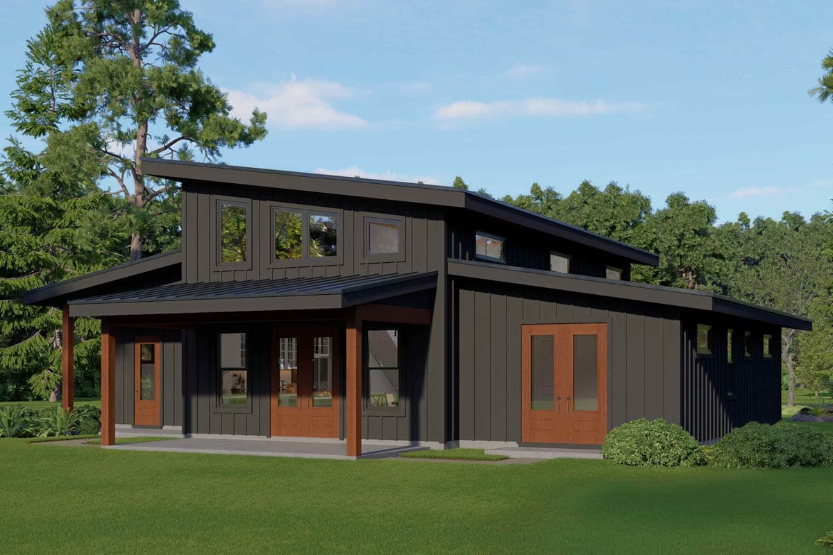 Modern house plan exterior with asymmetrical rooflines, a covered porch with wooden supports, and vertical siding.