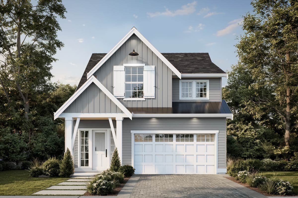 House plan exterior. Two-story Modern Farmhouse with gabled roof, window shutters, and a front-facing garage with carriage-style doors.