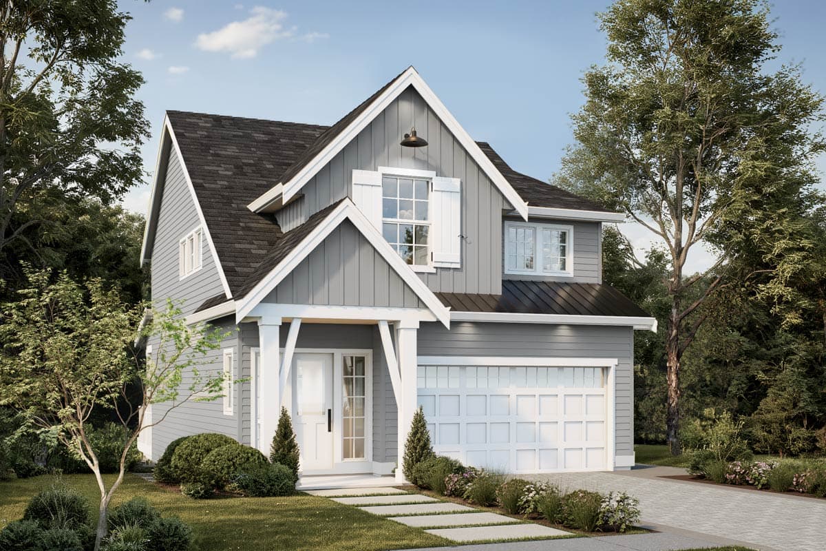 House plan exterior of a two-story home with a covered front porch, gables, dormers, and an attached garage.