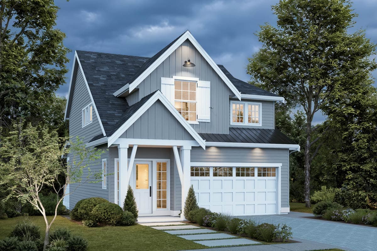 House plan exterior featuring a two-story Modern Farmhouse design with a covered entry, dormer, and attached garage.